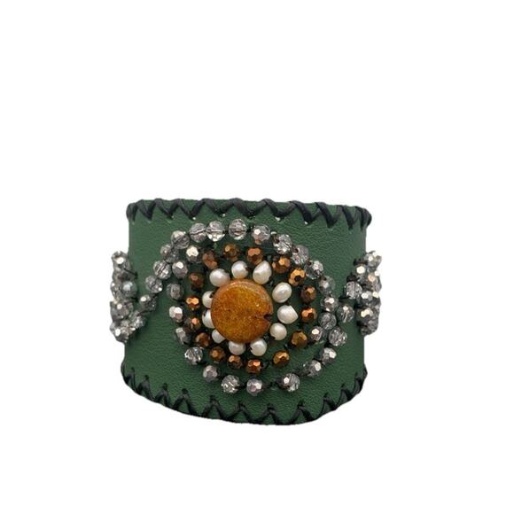 Faux Leather Hand Beaded Cuff Thick Bracelet Snap Closure - Picture 1 of 5